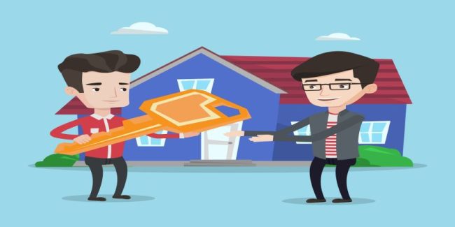 Real estate agent giving key to new house owner.