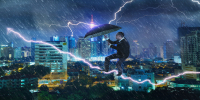 young businessman with umbrella against thunderstorm overcoming challenges and crisis SBI 301985594