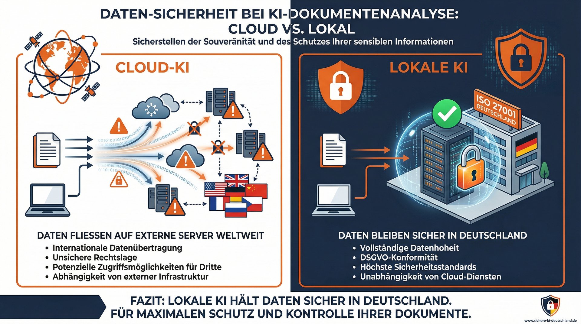 Dokumentenrecherche in der Due Diligence: Wie künstliche Intelligenz den Zeitaufwand um 90% reduziert 3 Dokumentenrecherche Sicherheit: Lokale KI im deutschen Rechenzentrum vs. Cloud-KI
