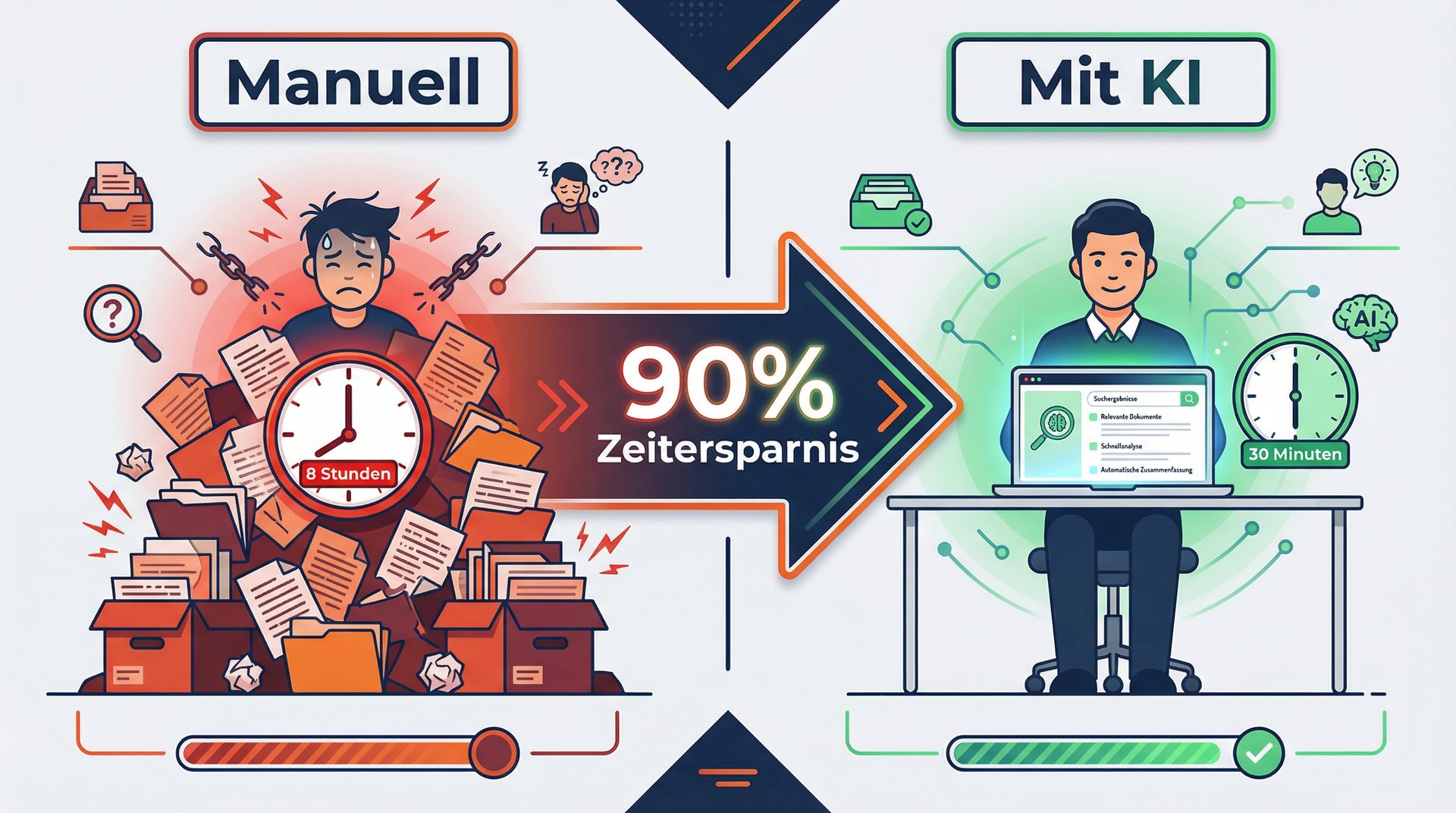 Dokumentenrecherche in der Due Diligence: Wie künstliche Intelligenz den Zeitaufwand um 90% reduziert 2 Dokumentenrecherche Vergleich: Manuelle Suche vs. KI-gestützte Recherche mit docuKI-Chat