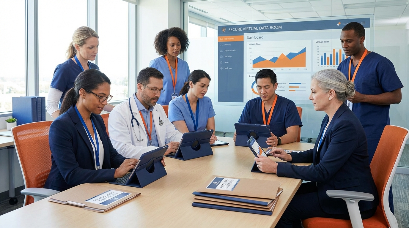 Datenraum für Pharma & Healthcare: Der Compliance-Guide 2 Healthcare-Team arbeitet sicher mit digitalem Datenraum