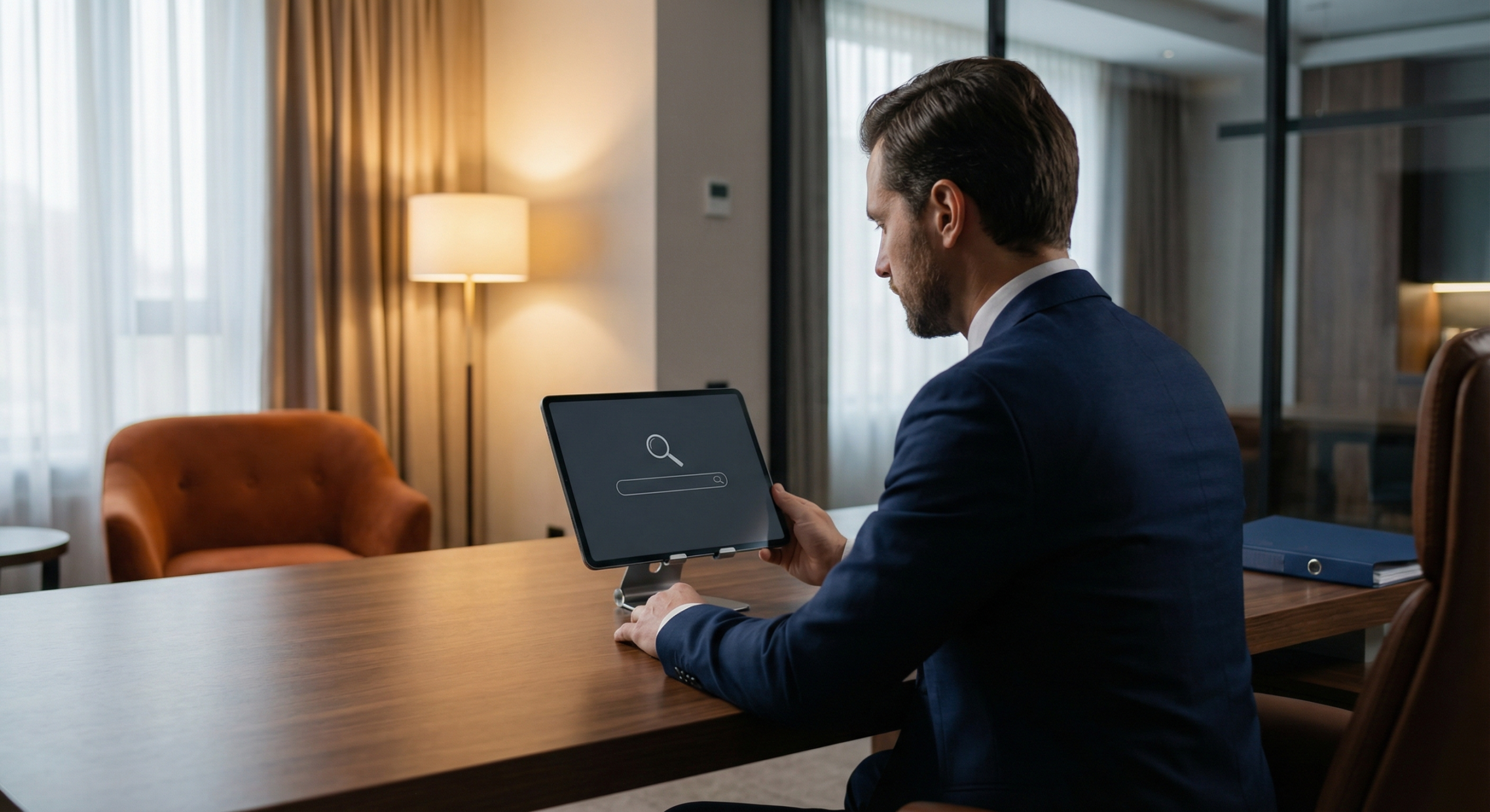 Datenraum für Anwälte – Rechtsanwalt nutzt KI-gestützte Dokumentenrecherche am Tablet