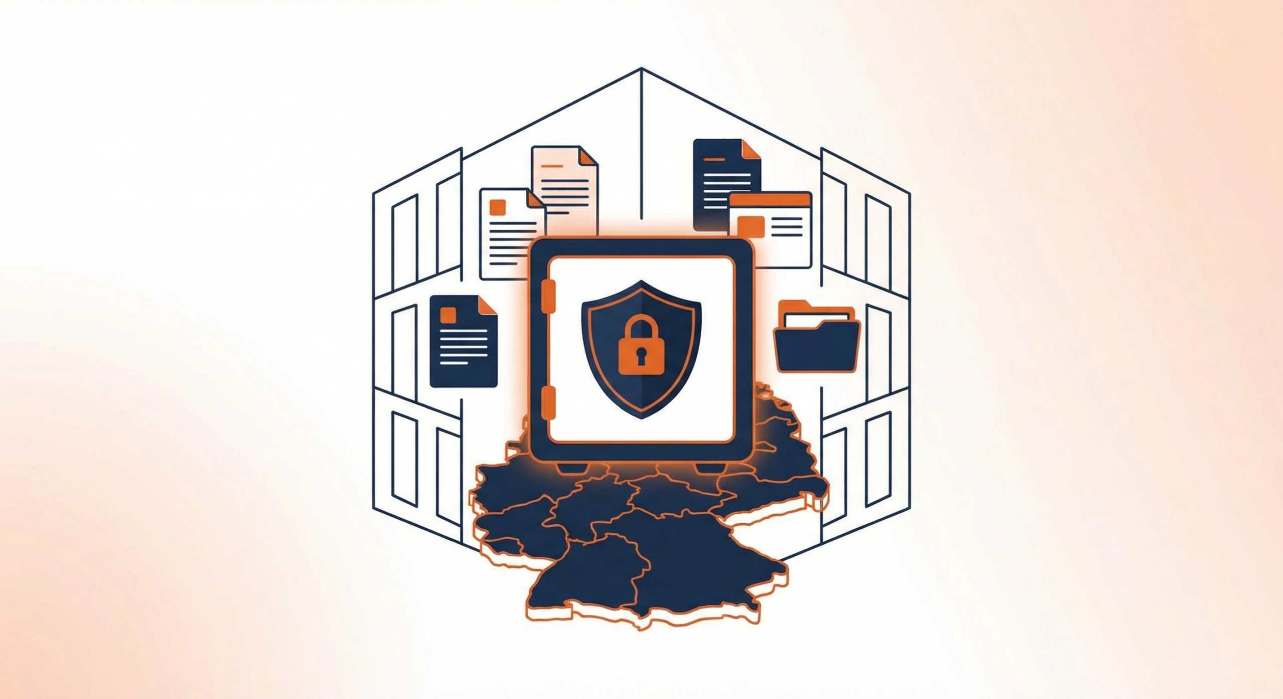 Lokale KI im Datenraum – sichere Datenverarbeitung auf deutschen Servern mit Schloss-Symbol und Schutzschild