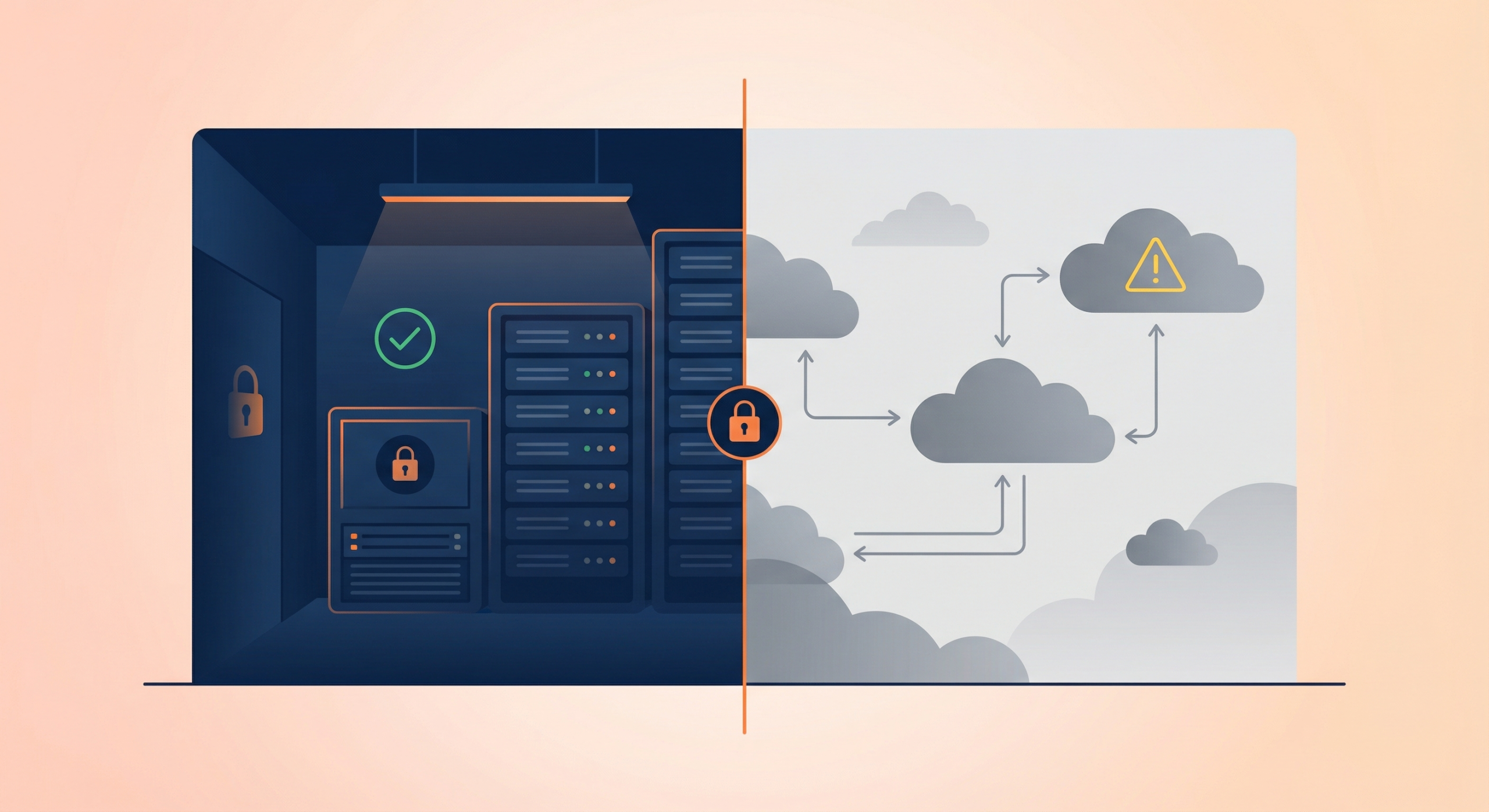 Lokale KI im Datenraum: 3 Gründe für mehr Sicherheit bei Due Diligence 2 Lokale KI im Datenraum vs Cloud KI – sicherer Vergleich: lokale Server mit grünem Häkchen versus Cloud mit Warnsymbol