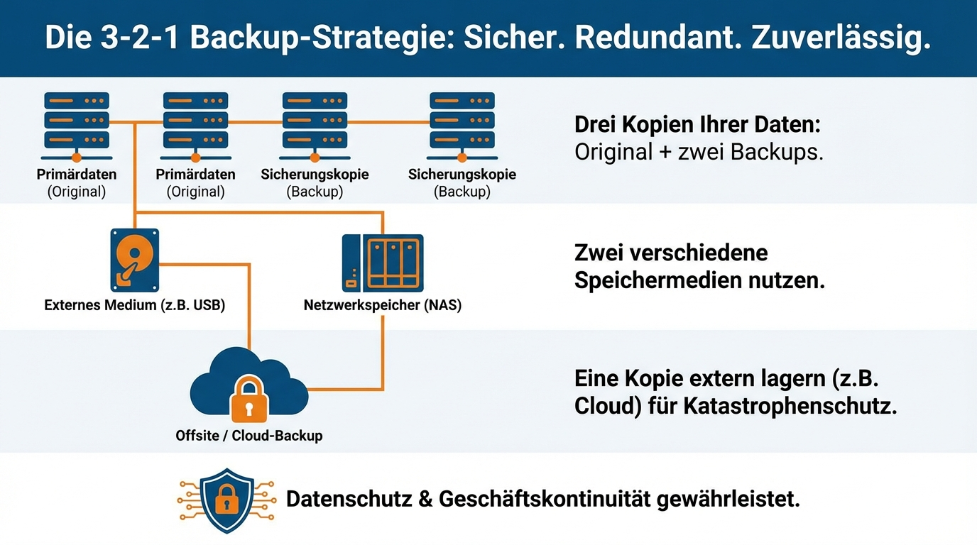 Digitaler Notfallplan: 5-Punkte-Checkliste für IT-Entscheider 4 Die 3-2-1 Backup-Strategie grafisch erklärt
