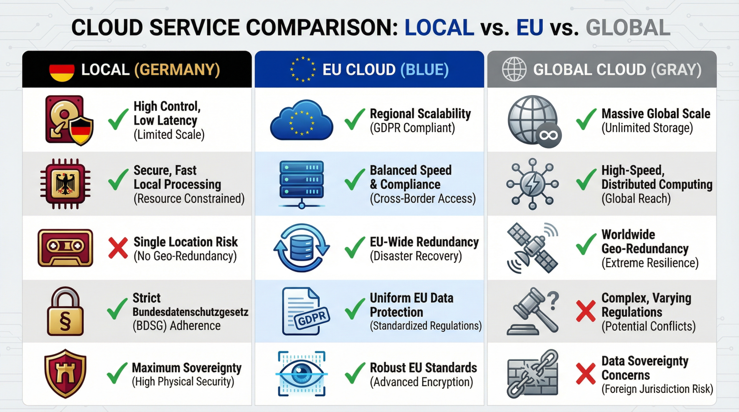 Lokal vs. EU-Cloud: Der entscheidende Unterschied, den 80% übersehen 2 Vergleich: Lokal vs. EU vs. Global