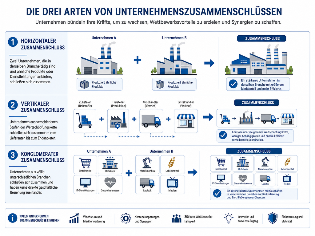 Verständlich Erklärt: Was sind Fusionen und ihre Bedeutung? 1 Die drei Arten von Fusionen: Horizontale, Vertikale und Konglomerate Fusion