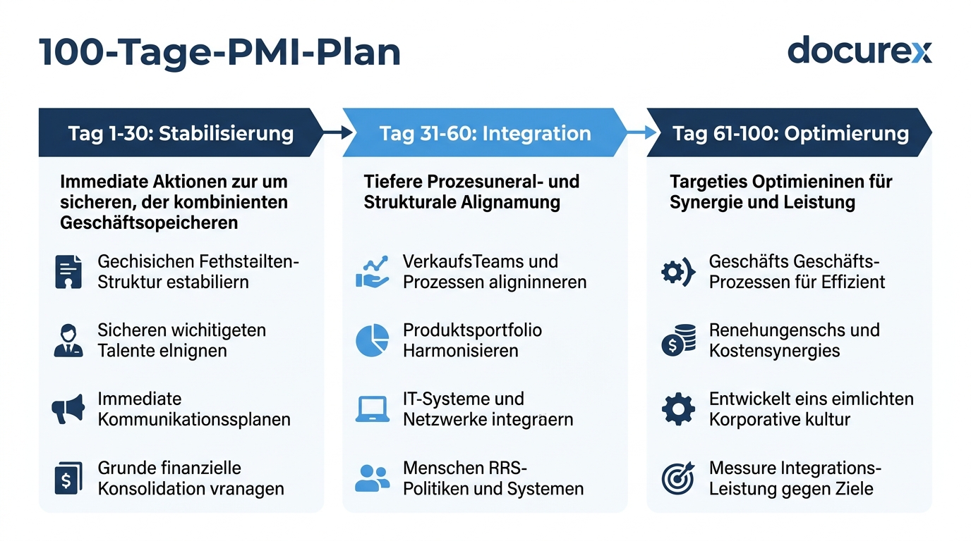 Post-Merger-Integration (PMI): Warum der Datenraum nach dem Closing unverzichtbar bleibt 2 100-Tage-PMI-Plan – Infografik