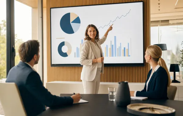 investor-relations-reporting-praesentation Beraterin präsentiert eine Portfolio-Auswertung im Investor-Relations-Gespräch